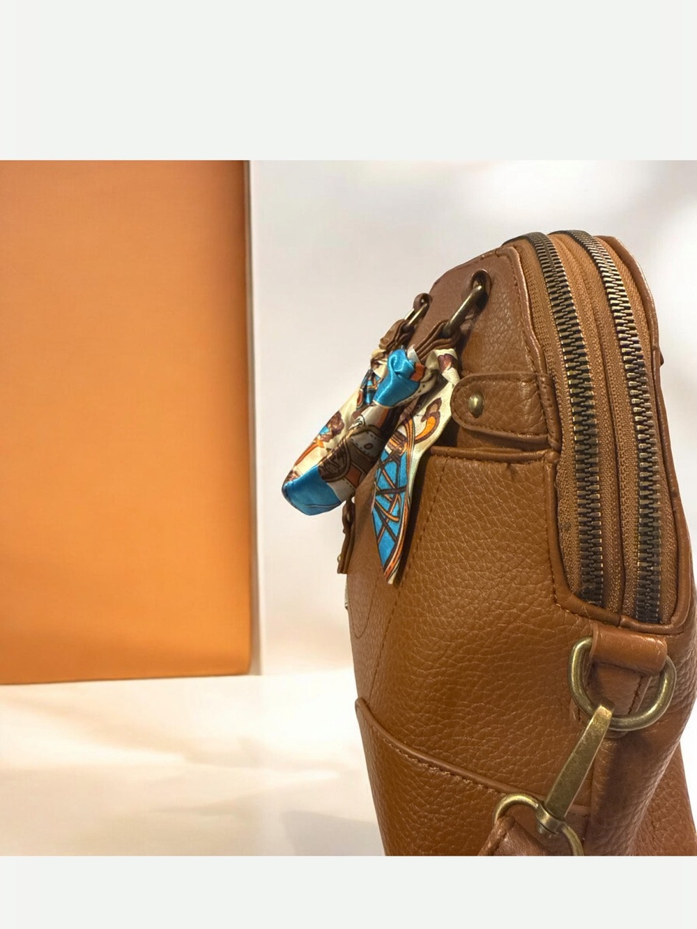 White Mountain Brown Crossbody Satchel with printed scarf - Picture 7 of 8